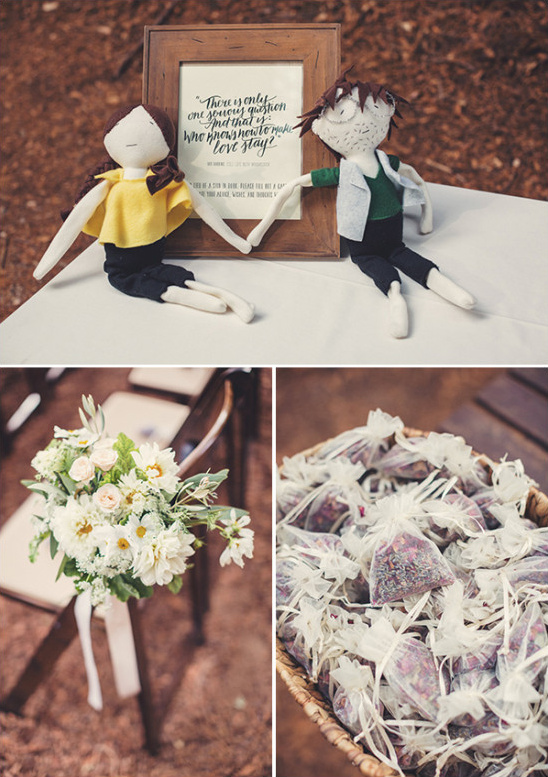 Rustic wedding decorations with dolls, flowers, and favors