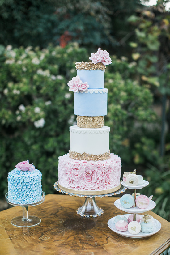 blue pink and gold wedding cake