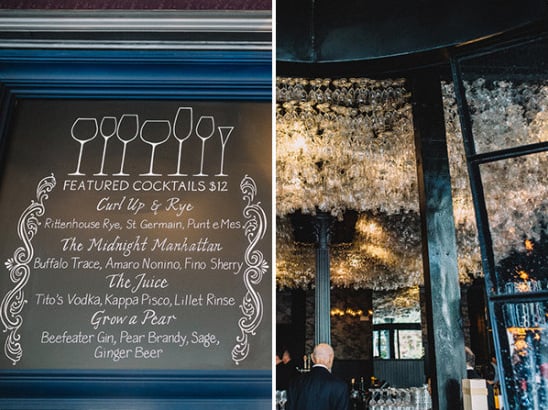 wine glass chandeliere and freatured cocktail sign