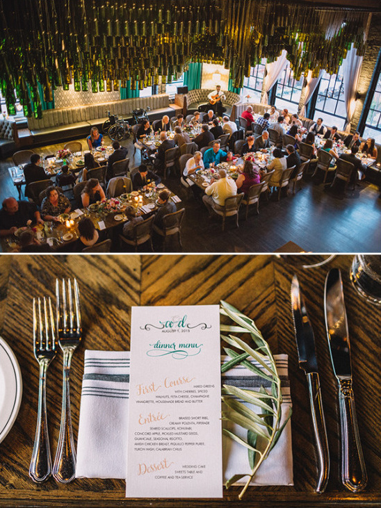 Elegant wedding dinner with a band and guests in a stylish venue