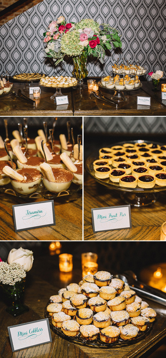 Elegant dessert table with tiramisu, mini pies, and cobblers
