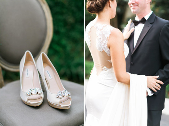 Wedding day photo: Bride and groom with bridal shoes on a chair