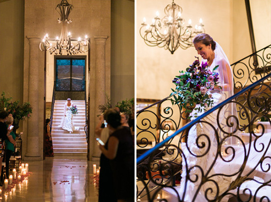 Happy bride walking down the stairs with a bouquet at a wedding