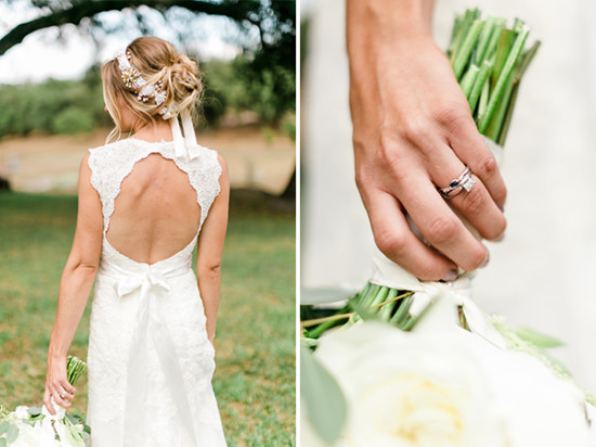 Elegant bride with open back dress and floral bouquet closeup
