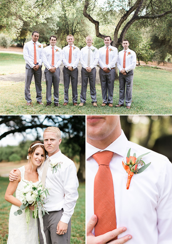 Wedding party with the groom and bride wearing orange ties