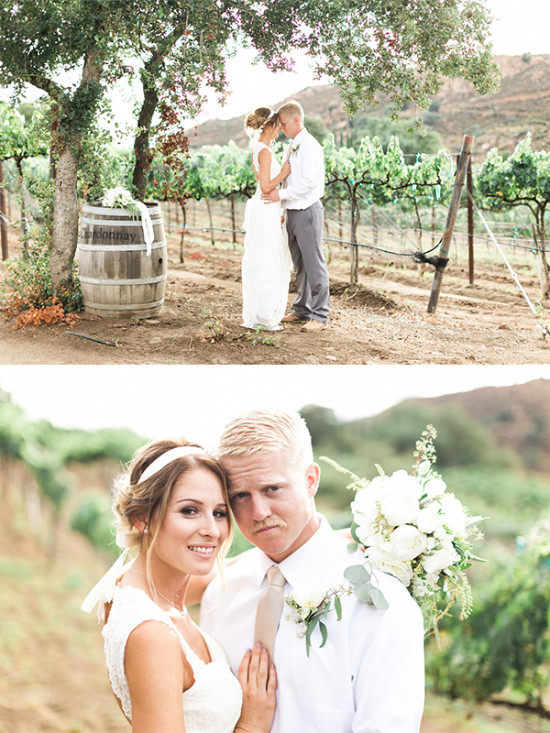Elegant wedding couple in vineyard setting poses for photos