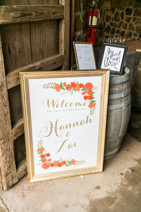 Wedding welcome sign with floral design and Hannah & Zac names