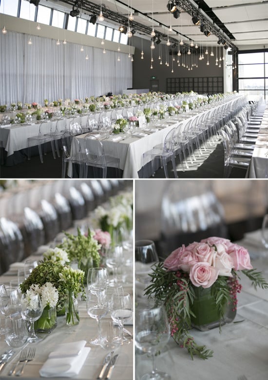 indoor wedding ceremony with long tables