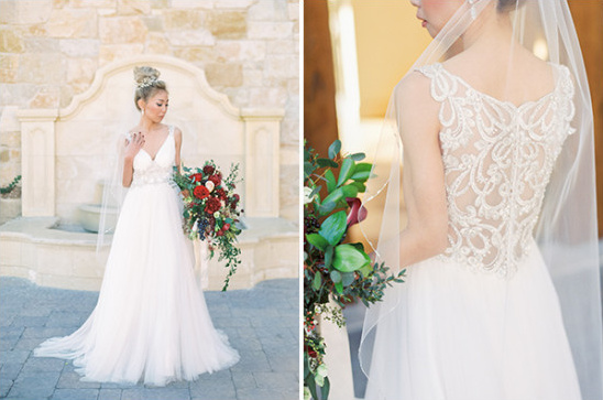 Elegant bride in a white wedding dress with floral bouquet
