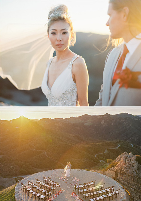 Elegant couple saying I do on a mountain peak during sunset