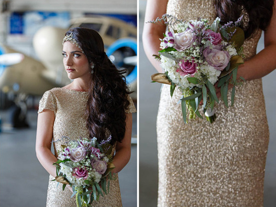 Gold bridesmaid dress and bouquet