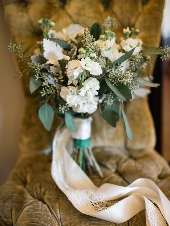 white bouquet with seeded eucalyptus