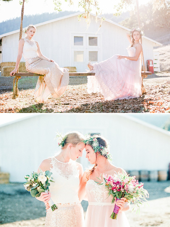 Two brides in wedding gowns with bouquets in a sunny field