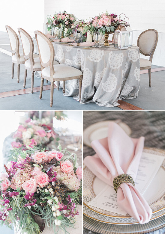 Elegant wedding table setting with pink flowers