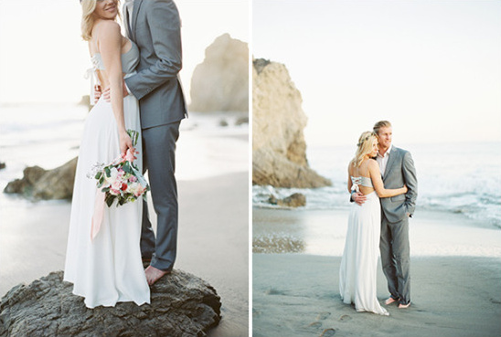 sweet and casual bride and groom look on the beach