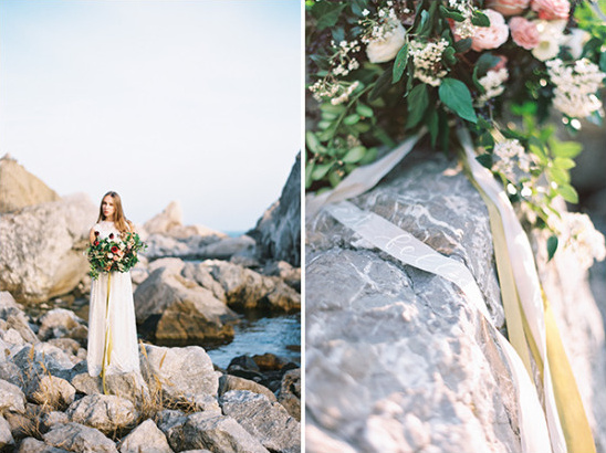 Bride with bouquet on rocky beach wedding photoshoot
