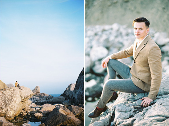 Diptych of man on rocks at the beach coastline view