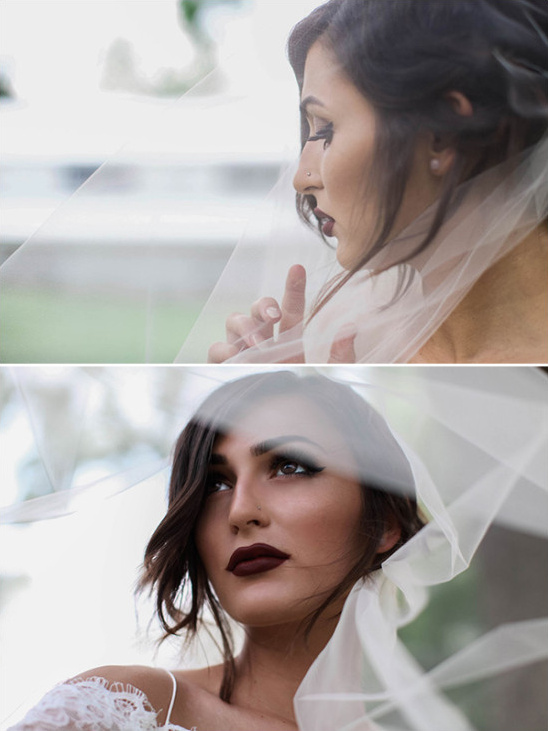 Serene bride with flowing white veil gazing upwards