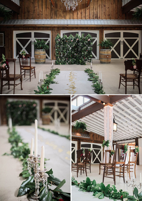 Charming barn wedding ceremony setup with floral aisle