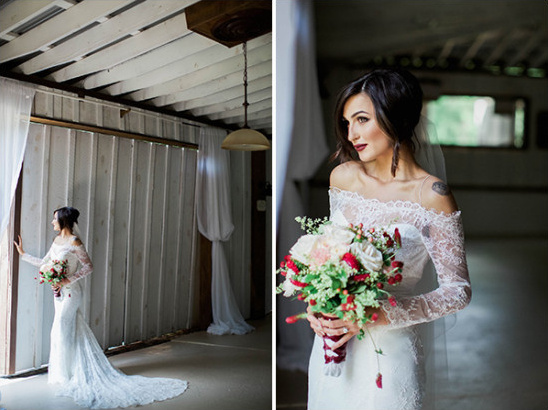 Bride in lace dress holding flowers on wedding day