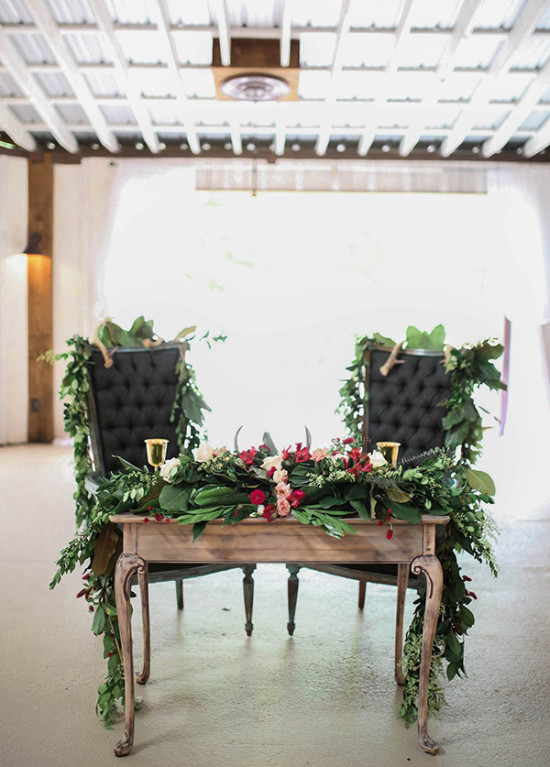 Elegant wedding sweetheart table with floral decor