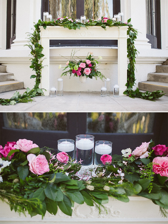 white wedding altar with pink flowers