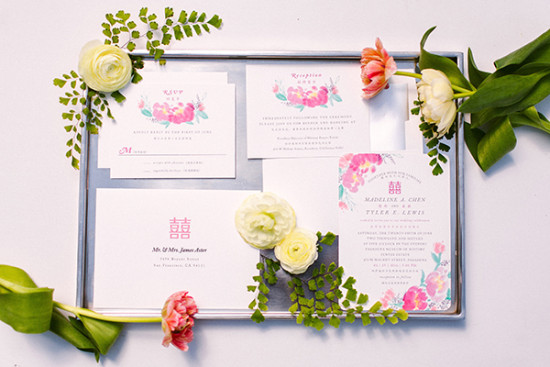 pink peony watercolor wedding invites