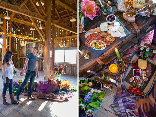 Rustic barn picnic with couple and food decorations