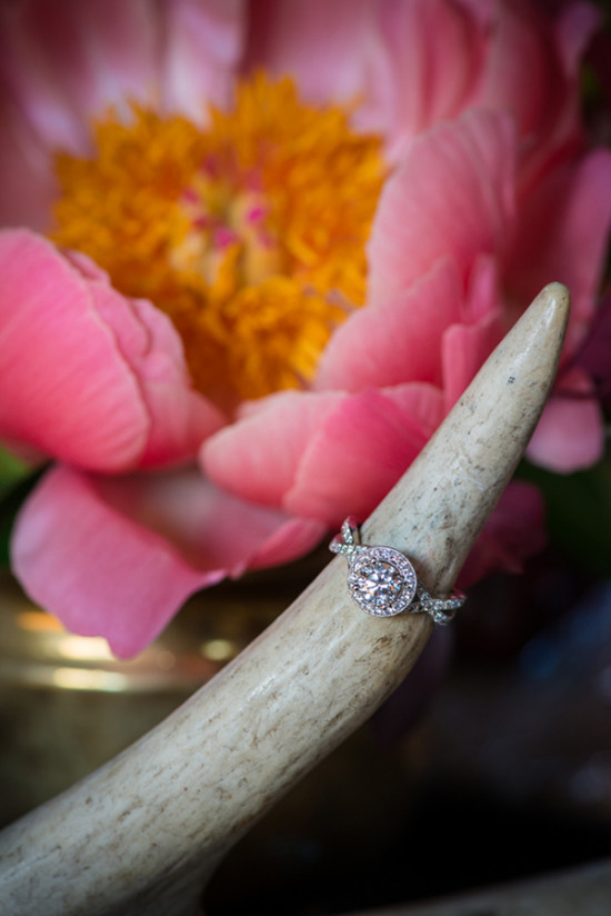 Stunning diamond ring on antler with pink peony flower