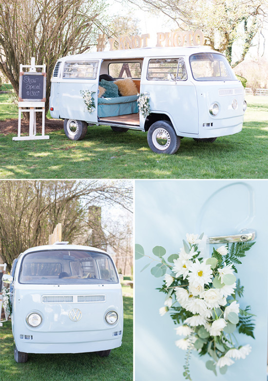 Vintage VW bus wedding photo booth outdoors