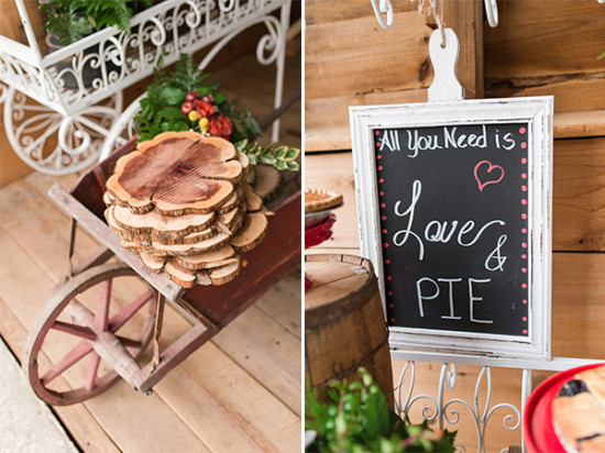 Rustic wedding decor wheelbarrow and love pie sign