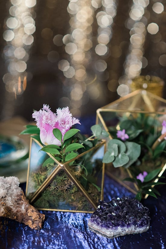 Gold geometric centerpiece with flowers