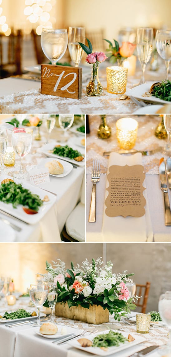 gold and white candle lit reception table decor with wooden table numbers