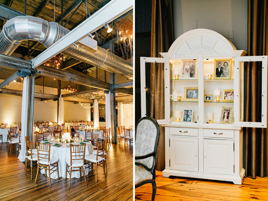 chic industrial wedding space with memorial photo hutch