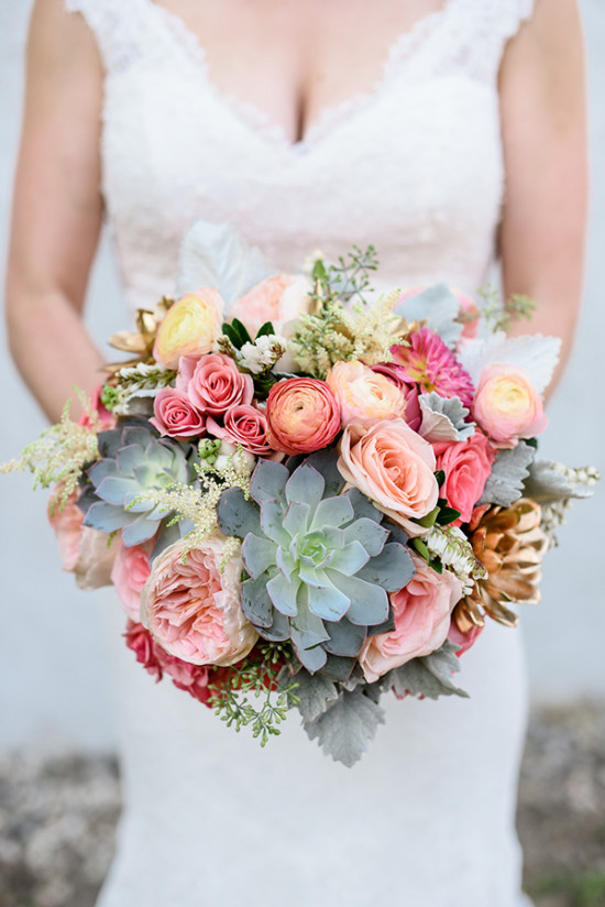 pink rose and ranunculus wedding bouquet