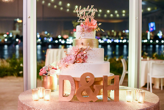 gold wedding cake display