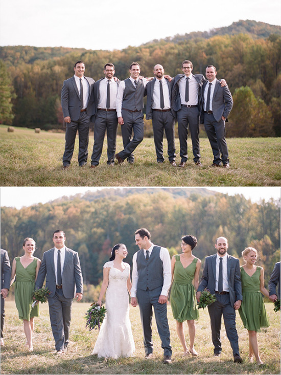 Rustic wedding party in gray suits and green dresses