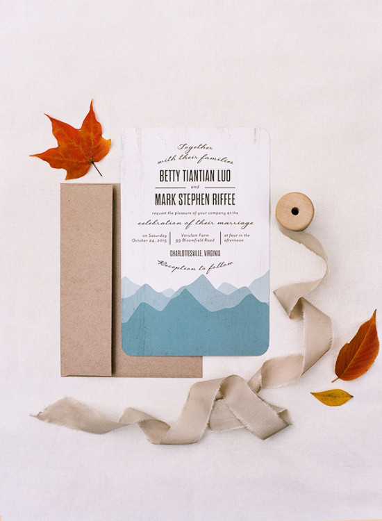 Wedding invitation with mountain design for Betty and Mark
