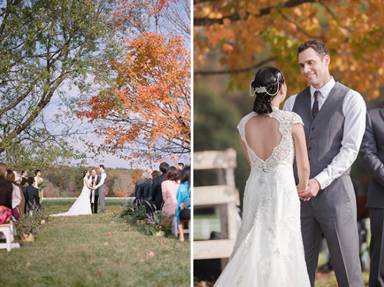 Autumn wedding ceremony with bride and groom