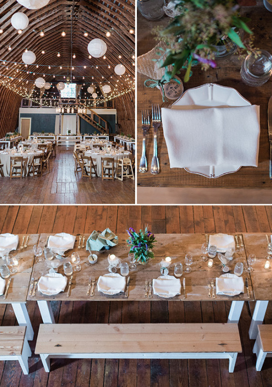 Elegant barn wedding reception rustic decor and tables