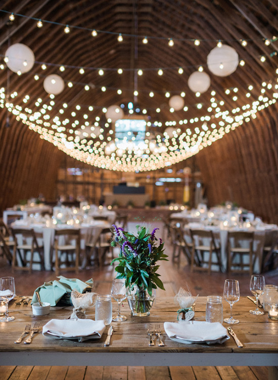 Barn wedding with twinkle lights