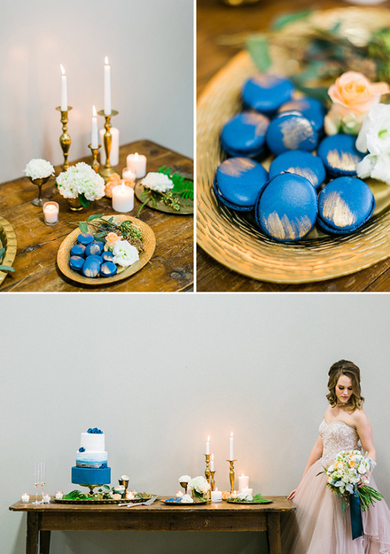 simple blue and gold cake table