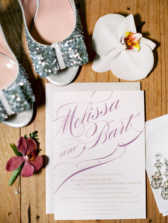 purple calligraphy wedding invitation