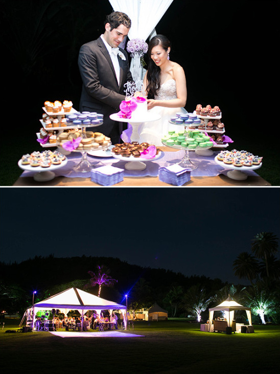 night time reception lighting and cake cutting
