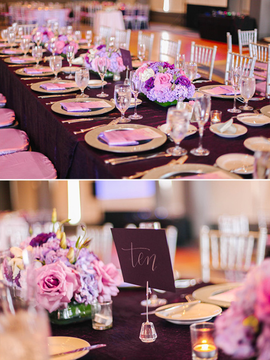Elegant wedding table setting with purple flowers