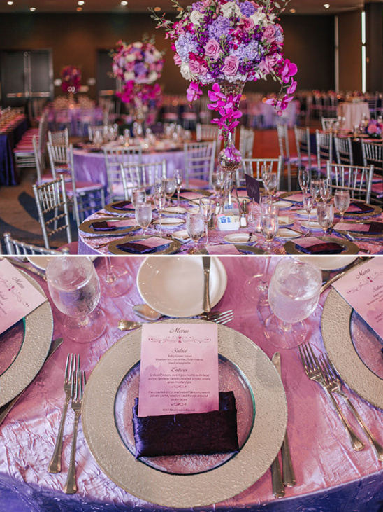 Elegant wedding reception decor purple flowers