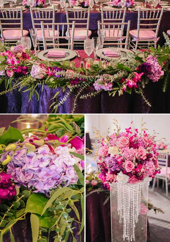 Elegant purple and pink floral centerpieces for a wedding table