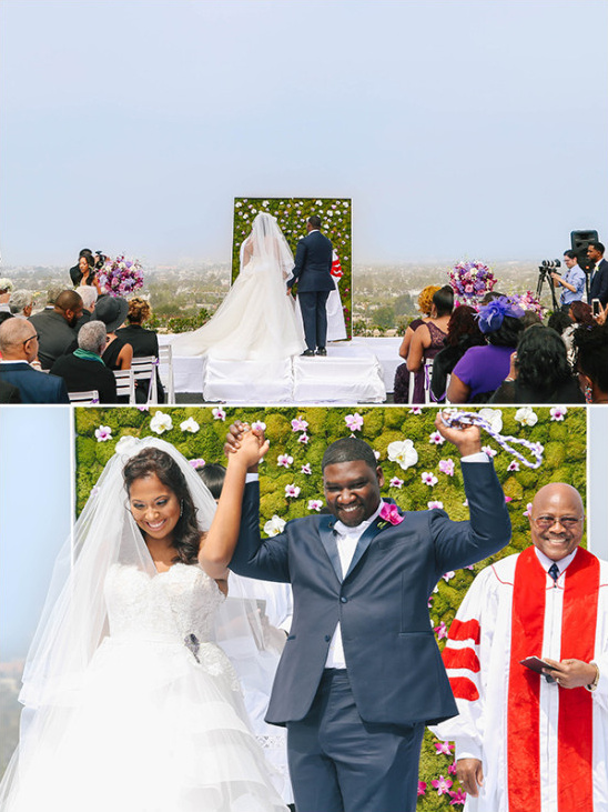Happy couple exchanging vows at scenic outdoor wedding