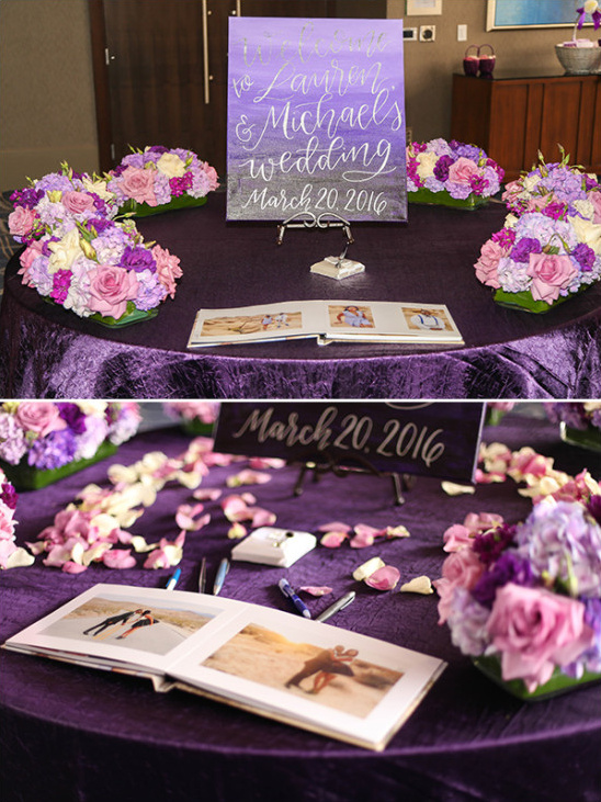 Lauren Michaels wedding guestbook sign and purple decor