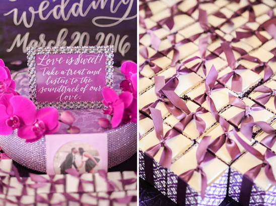Wedding favors: purple boxes with treats and music